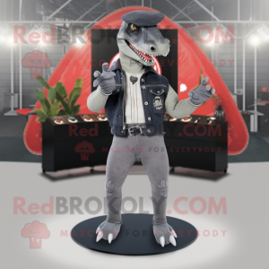 Gray Allosaurus mascot costume character dressed with a Flare Jeans and Lapel pins