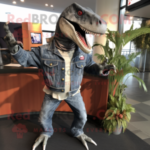 Gray Allosaurus mascot costume character dressed with a Flare Jeans and Lapel pins