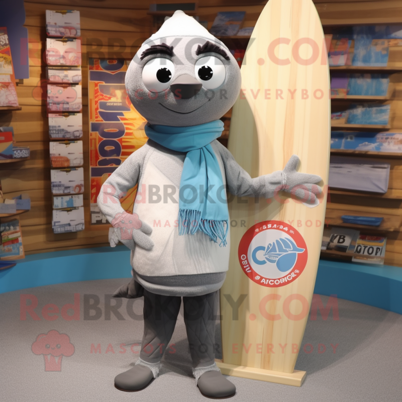 Gray Surfboard mascot costume character dressed with a Oxford Shirt and Scarves Gray Surfboard mascot costume character dressed with a Oxford Shirt and Scarves