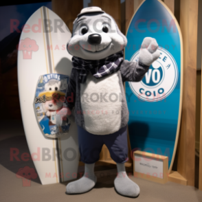Gray Surfboard mascot costume character dressed with a Oxford Shirt and Scarves