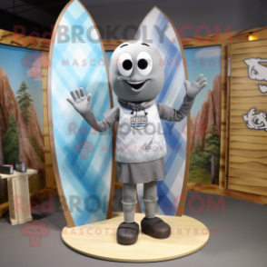 Gray Surfboard mascot costume character dressed with a Oxford Shirt and Scarves