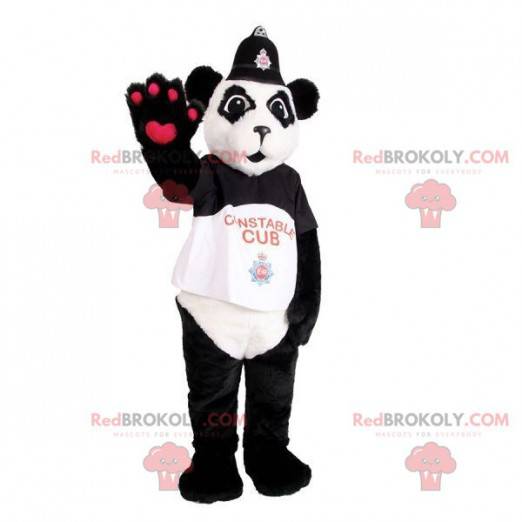 Mascote do panda preto e branco vestido de policial -