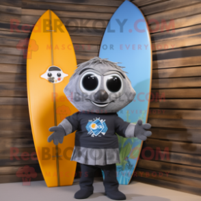 Gray Surfboard mascot costume character dressed with a Oxford Shirt and Scarves