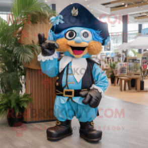 Sky Blue Pirate mascot costume character dressed with a Jumpsuit and Earrings