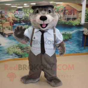 Gray Beaver mascot costume character dressed with a Dress Shirt and Caps