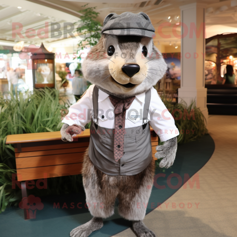 Gray Beaver mascot costume character dressed with a Dress Shirt and Caps