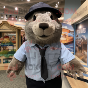 Gray Beaver mascot costume character dressed with a Dress Shirt and Caps