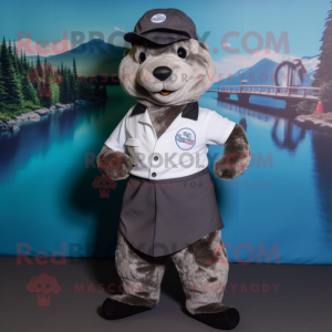Gray Beaver mascot costume character dressed with a Dress Shirt and Caps