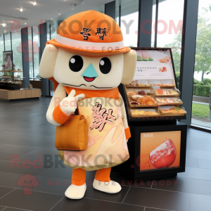 Peach Sushi mascot costume character dressed with a V-Neck Tee and Messenger bags