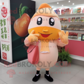 Peach Sushi mascot costume character dressed with a V-Neck Tee and Messenger bags