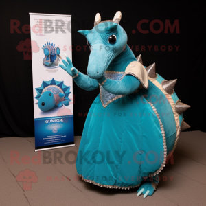 Turquoise Armadillo mascot costume character dressed with a Evening Gown and Earrings