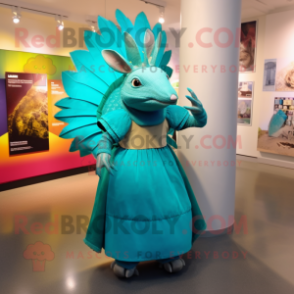 Turquoise Armadillo mascot costume character dressed with a Evening Gown and Earrings