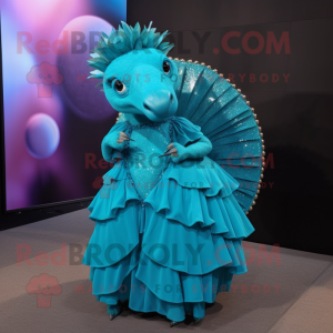 Turquoise Armadillo mascot costume character dressed with a Evening Gown and Earrings