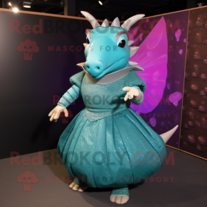 Turquoise Armadillo mascot costume character dressed with a Evening Gown and Earrings