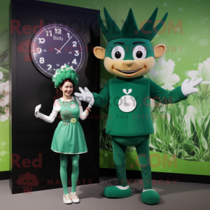 Forest Green Queen mascot costume character dressed with a Playsuit and Digital watches