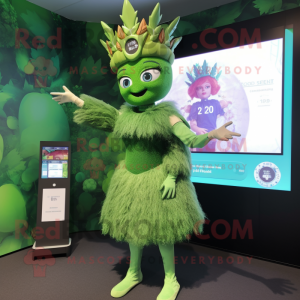 Forest Green Queen mascot costume character dressed with a Playsuit and Digital watches