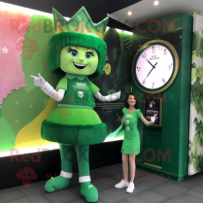 Forest Green Queen mascot costume character dressed with a Playsuit and Digital watches
