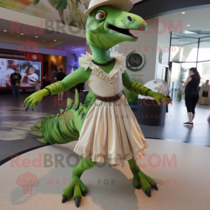 Olive Utahraptor mascot costume character dressed with a Circle Skirt and Anklets