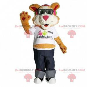 Mascotte de chat marron et blanc avec des lunettes -