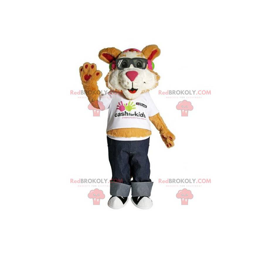 Mascote gato marrom e branco com óculos - Redbrokoly.com