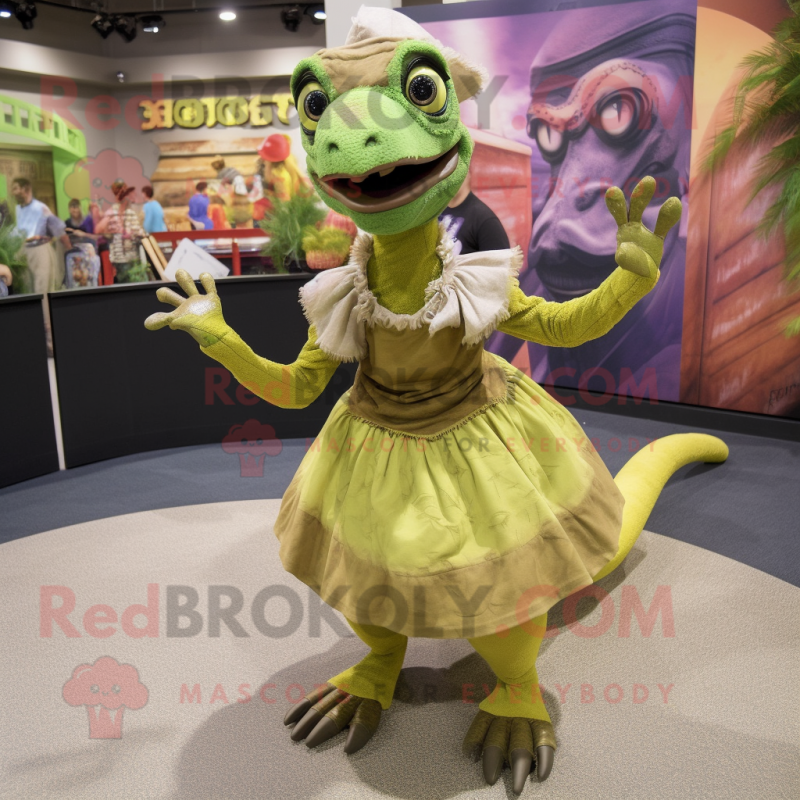 Olive Utahraptor mascot costume character dressed with a Circle Skirt and Anklets