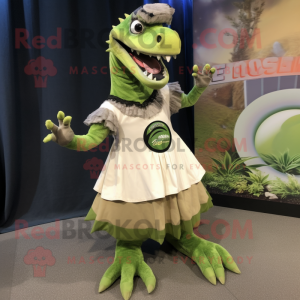 Olive Utahraptor mascot costume character dressed with a Circle Skirt and Anklets