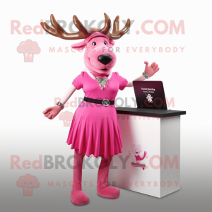 Pink Irish Elk mascot costume character dressed with a A-Line Skirt and Bracelet watches