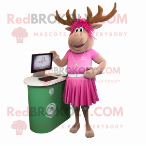 Pink Irish Elk mascot costume character dressed with a A-Line Skirt and Bracelet watches