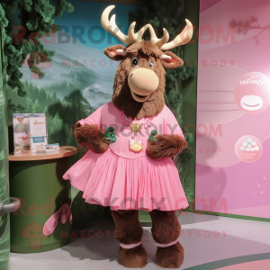 Pink Irish Elk mascot costume character dressed with a A-Line Skirt and Bracelet watches