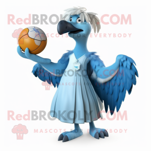 Sky Blue Vulture mascot costume character dressed with a Ball Gown and Ties