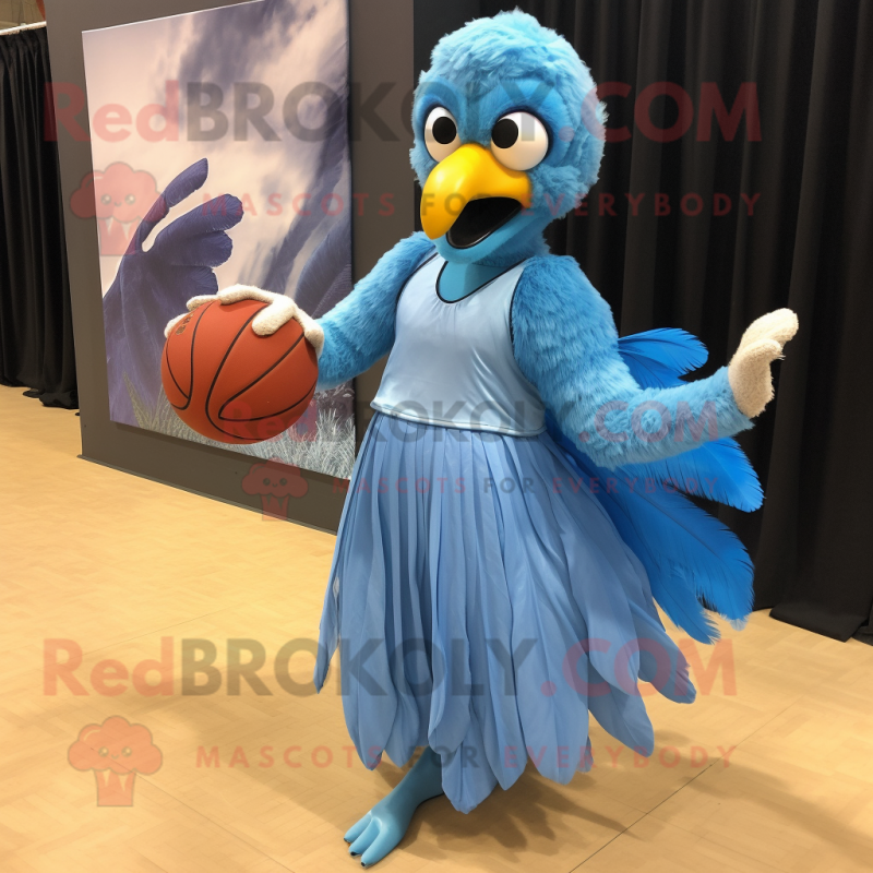 Sky Blue Vulture mascot costume character dressed with a Ball Gown and Ties