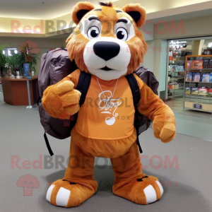Brown Saber-Toothed Tiger mascot costume character dressed with a Capri Pants and Backpacks