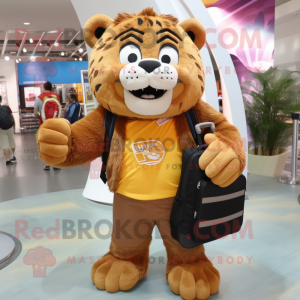 Brown Saber-Toothed Tiger mascot costume character dressed with a Capri Pants and Backpacks