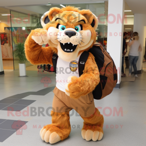 Brown Saber-Toothed Tiger mascot costume character dressed with a Capri Pants and Backpacks