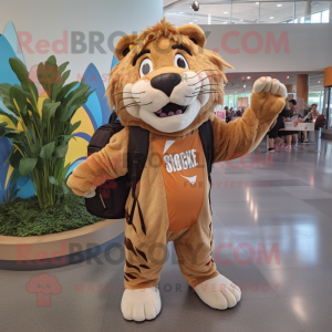 Brown Saber-Toothed Tiger mascot costume character dressed with a Capri Pants and Backpacks