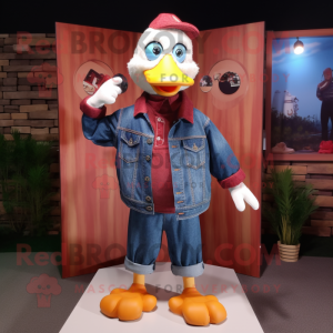 Maroon Geese mascot costume character dressed with a Denim Shirt and Keychains