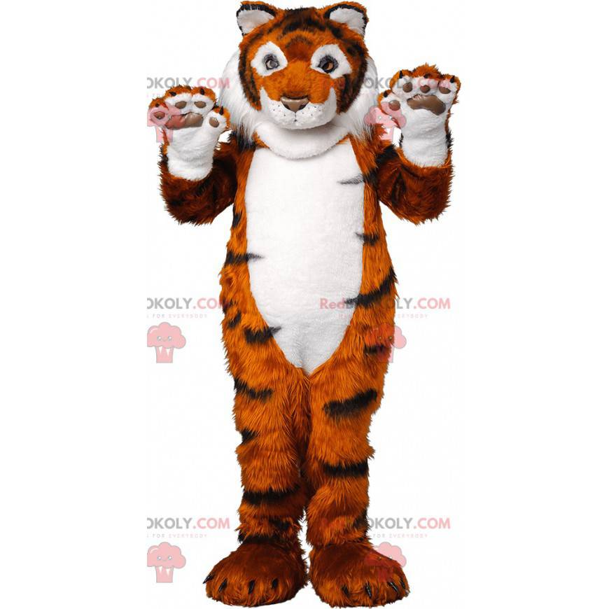 Soft and hairy black and white orange tiger mascot -
