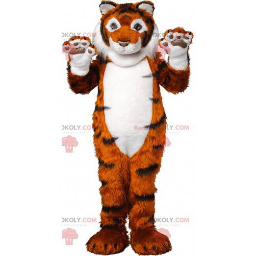 Mascotte tigre arancione bianco e nero morbida e pelosa -