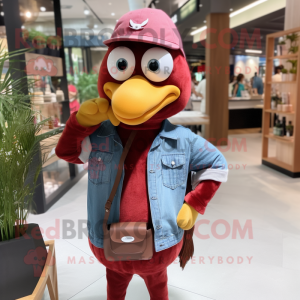 Maroon Geese mascot costume character dressed with a Denim Shirt and Keychains