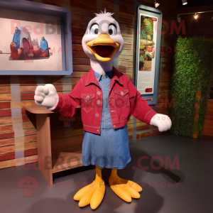 Maroon Geese mascot costume character dressed with a Denim Shirt and Keychains