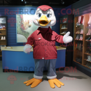 Maroon Geese mascot costume character dressed with a Denim Shirt and Keychains