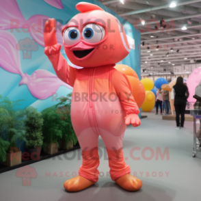 Pink Clown Fish mascot costume character dressed with a Jumpsuit and Foot pads