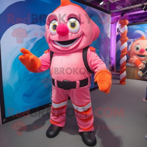 Pink Clown Fish mascot costume character dressed with a Jumpsuit and Foot pads