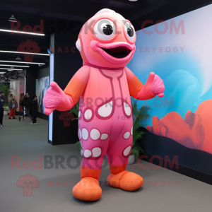 Pink Clown Fish mascot costume character dressed with a Jumpsuit and Foot pads