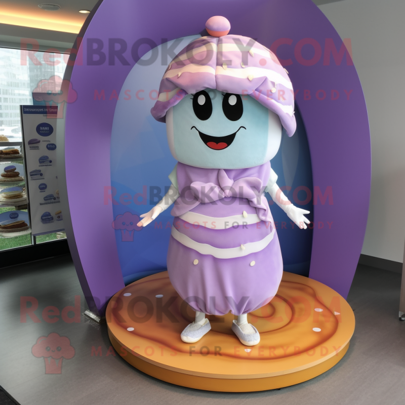 Lavender Donut mascot costume character dressed with a Wrap Dress and Caps Lavender Donut mascot costume character dressed with a Wrap Dress and Caps