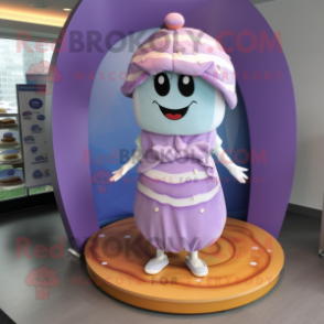 Lavender Donut mascot costume character dressed with a Wrap Dress and Caps