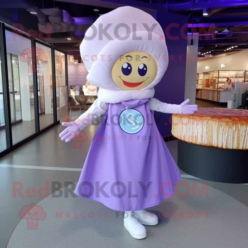 Lavender Donut mascot costume character dressed with a Wrap Dress and Caps