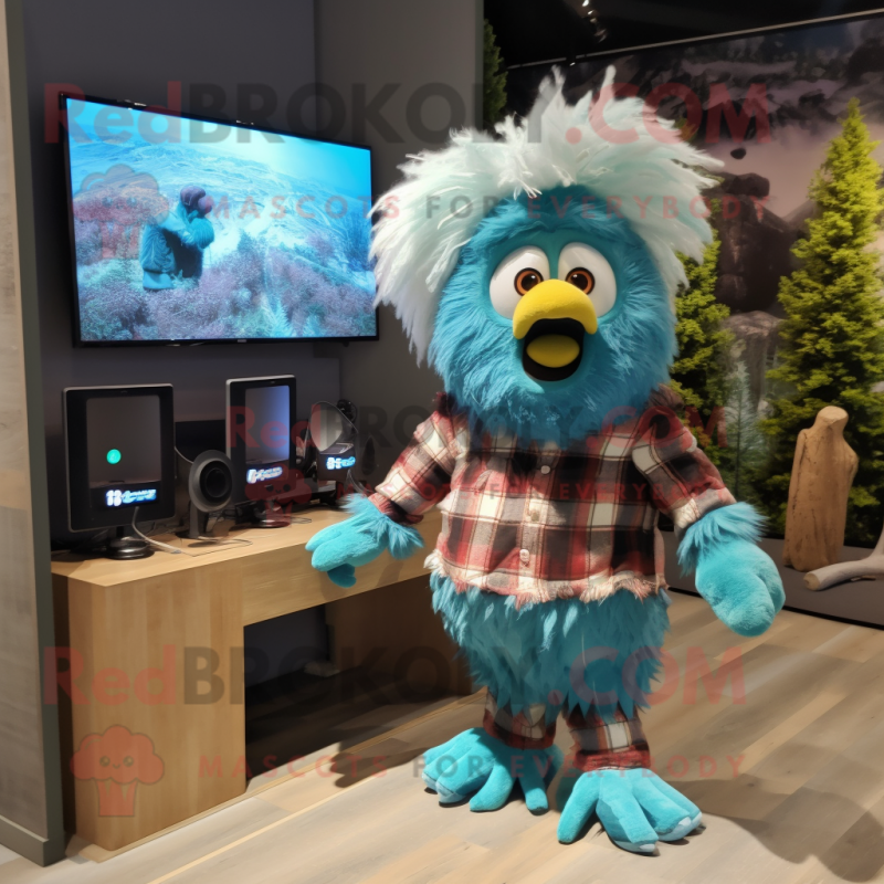 Cyan Harpy mascot costume character dressed with a Flannel Shirt and Hairpins Cyan Harpy mascot costume character dressed with a Flannel Shirt and Hairpins