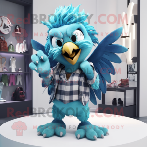Cyan Harpy mascot costume character dressed with a Flannel Shirt and Hairpins