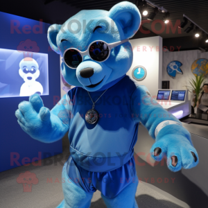 Blue Bear mascot costume character dressed with a Rash Guard and Keychains